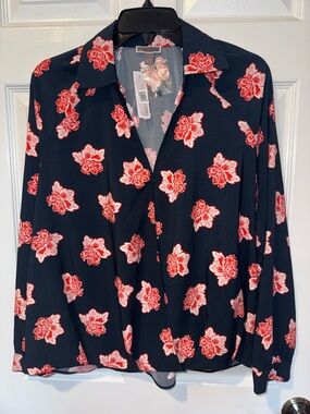 Chelsea28 Navy Blouse with Red and White Floral Print